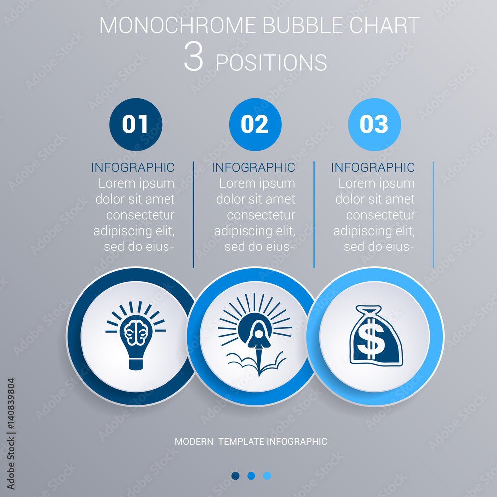 Naklejka premium Monochrome blue bubbles chart Infographics for 3 steps