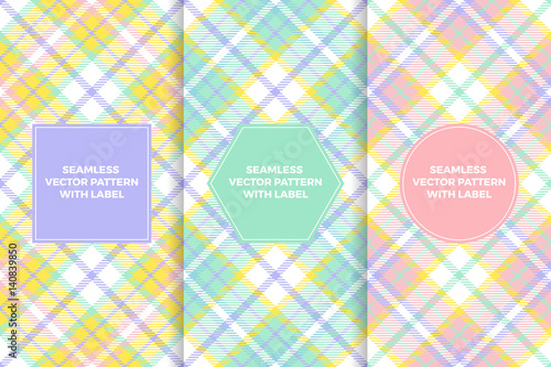 Pastel Colors Tartan Plaid Seamless Patterns with Label Frame. Copy Space for Text. Set of Design Templates for Packaging, Covers or Gift Wrapping. Perfect for Easter or Beauty Products