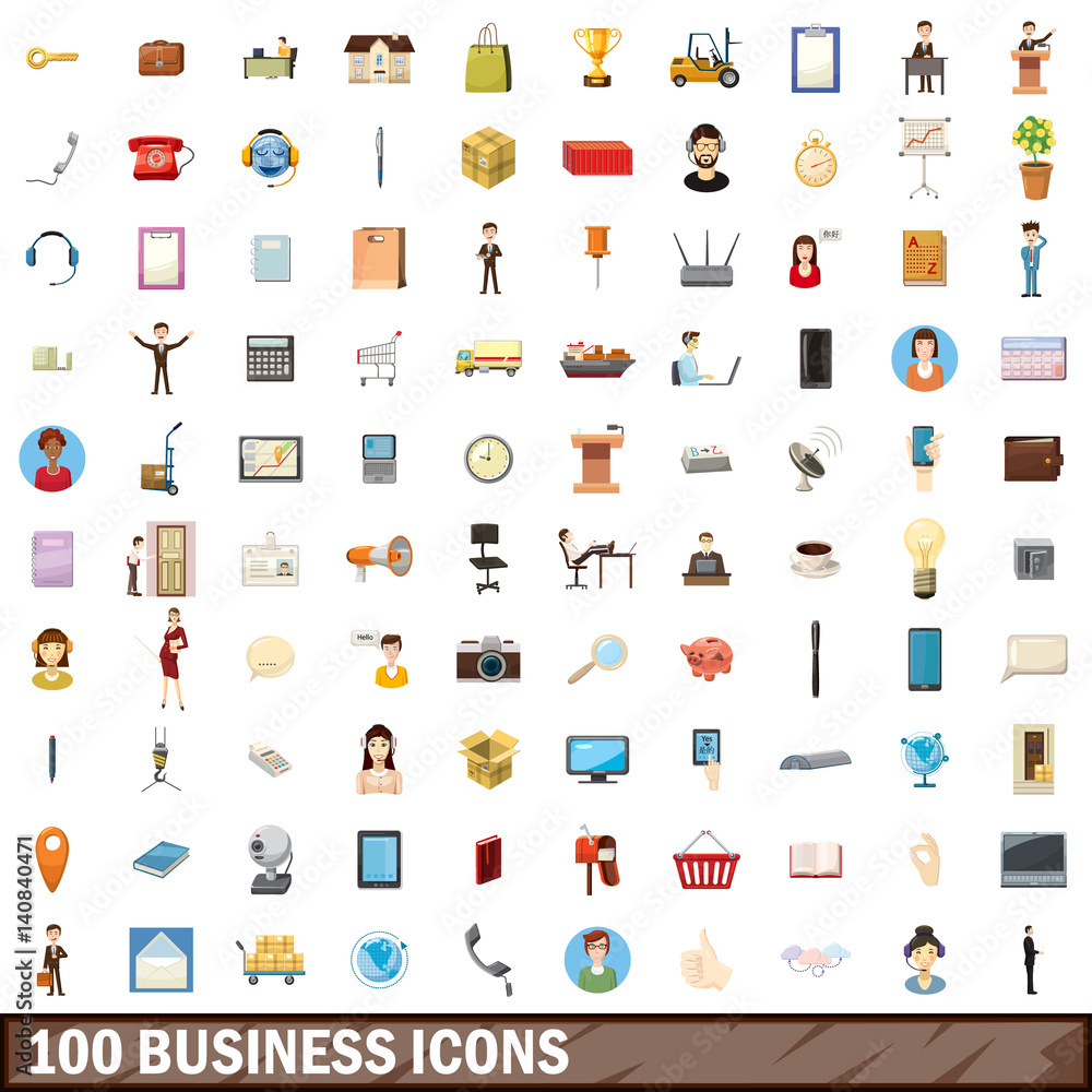 100 business icons set, cartoon style 100 business icons set, cartoon style