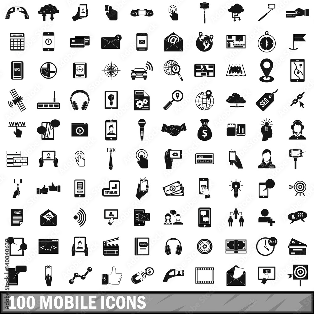 100 mobile icons set, simple style 100 mobile icons set, simple style