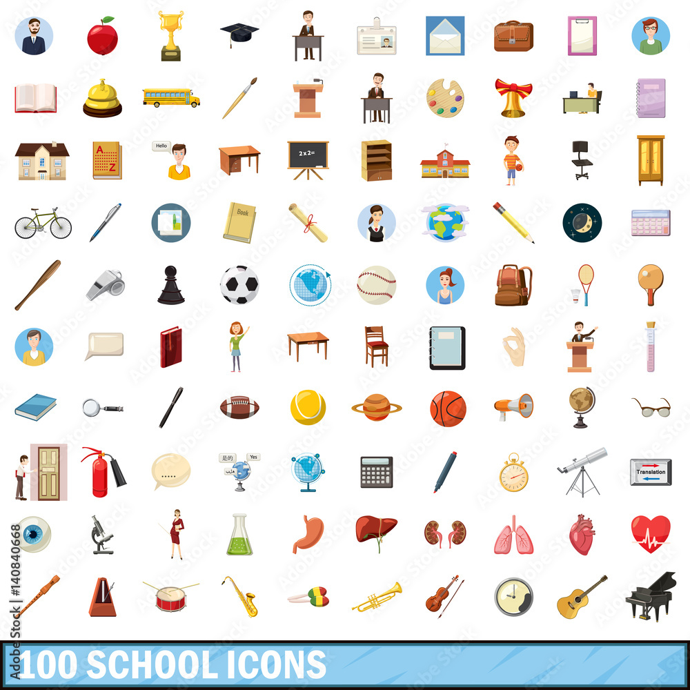 100 school icons set, cartoon style 100 school icons set, cartoon style