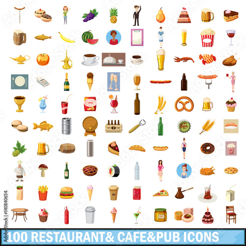 100 restaurant cafe icons set, cartoon style