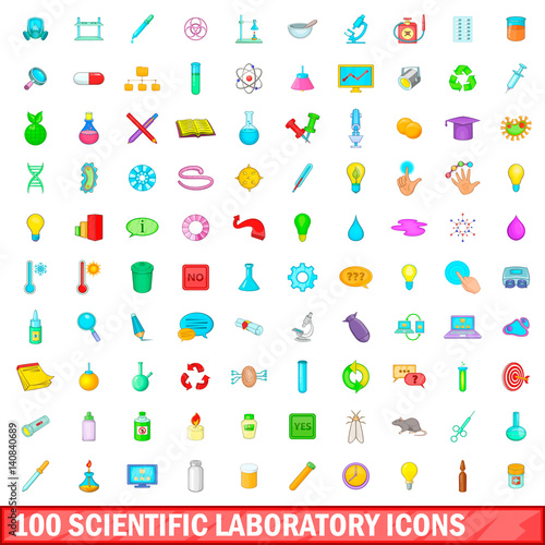 100 scientific laboratory icons set, cartoon style