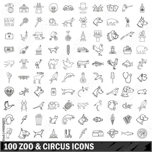 100 zoo and circus icons set, outline style