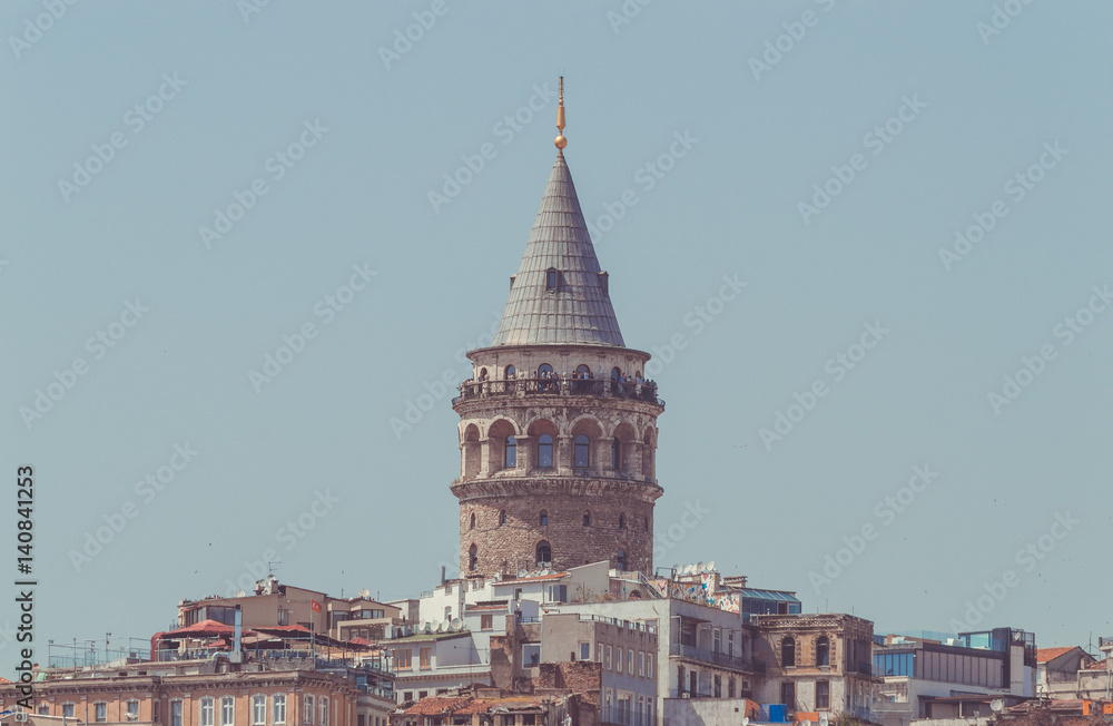 View of the Galata Tower in Istanbul Turkey with blue sky background