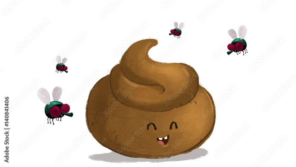 Caca con moscas.Excremento con insectos