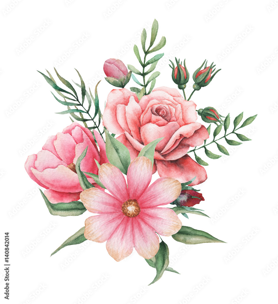 Watercolor invitation design with bouquet of flowers, Hand painted floral compositions isolated on white background Watercolor invitation design with bouquet of flowers, Hand painted floral compositions isolated on white background