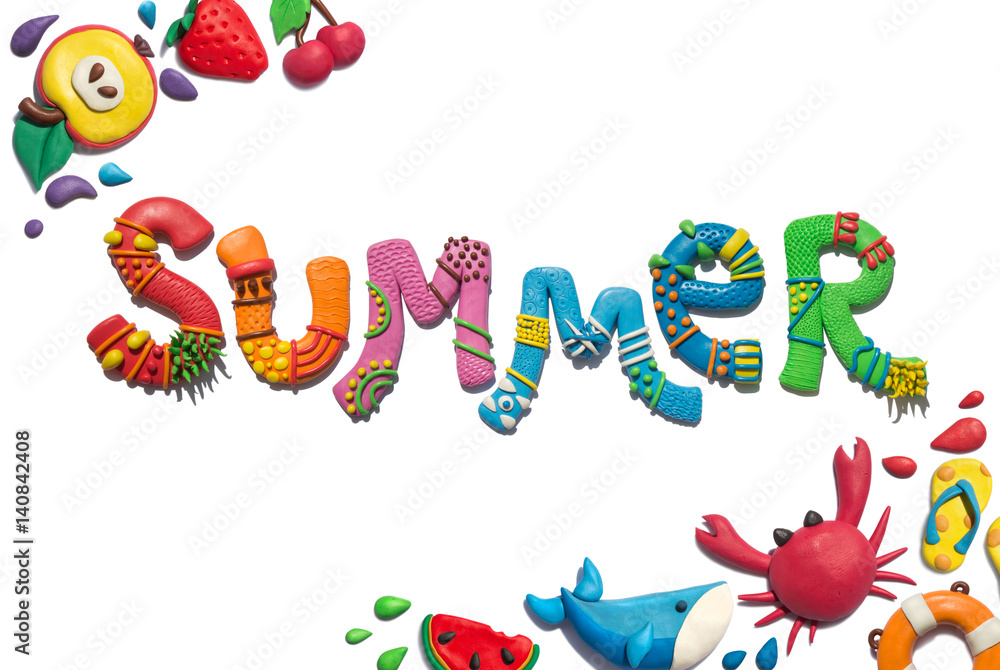 Handmade plasticine and clay putty poster of summer typography and objects. Summer lettering. 