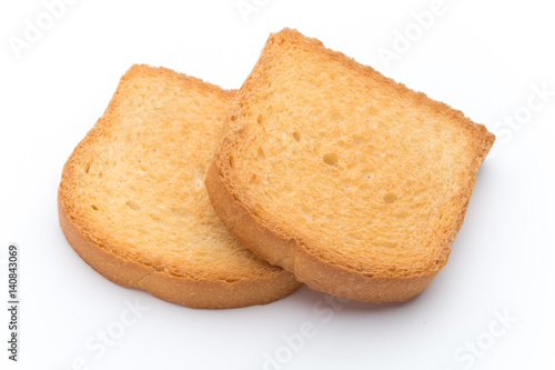Slices of toast bread on wooden table, top view.