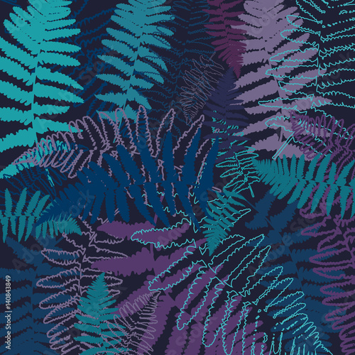 Vector floral background with hand drawn fern leaves.Thin lines outlines in d...