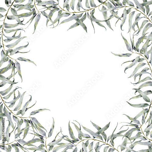 Watercolor eucalyptus border. Hand painted floral illustration with eucalyptus branch isolated on white background for design.