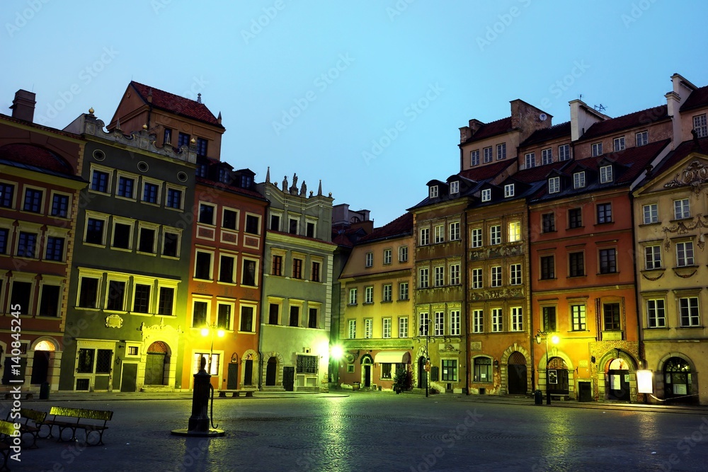 Old town square at night in Warsaw, Poland