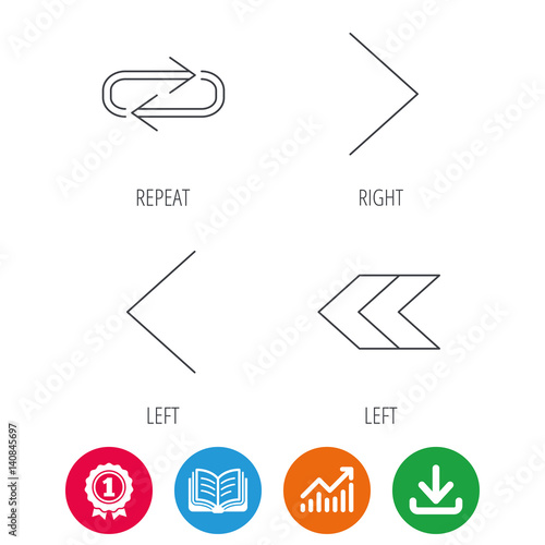 Arrows icons. Right direction, repeat linear signs. Next, back arrows flat line icons. Award medal, growth chart and opened book web icons. Download arrow. Vector