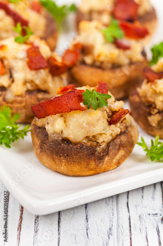 Bacon Stuffed Mushrooms with Breadcrumbs and Cheese. Selective focus.