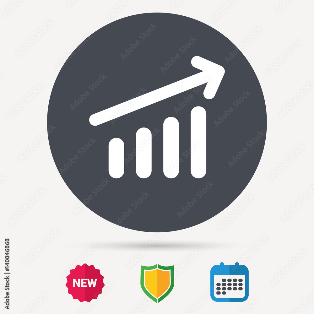 Growing graph icon. Business analytics chart symbol. Calendar, shield protection and new tag signs. Colored flat web icons. Vector Growing graph icon. Business analytics chart symbol. Calendar, shield protection and new tag signs. Colored flat web icons. Vector