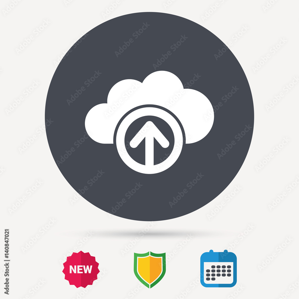 Upload from cloud icon. Data storage technology symbol. Calendar, shield protection and new tag signs. Colored flat web icons. Vector Upload from cloud icon. Data storage technology symbol. Calendar, shield protection and new tag signs. Colored flat web icons. Vector