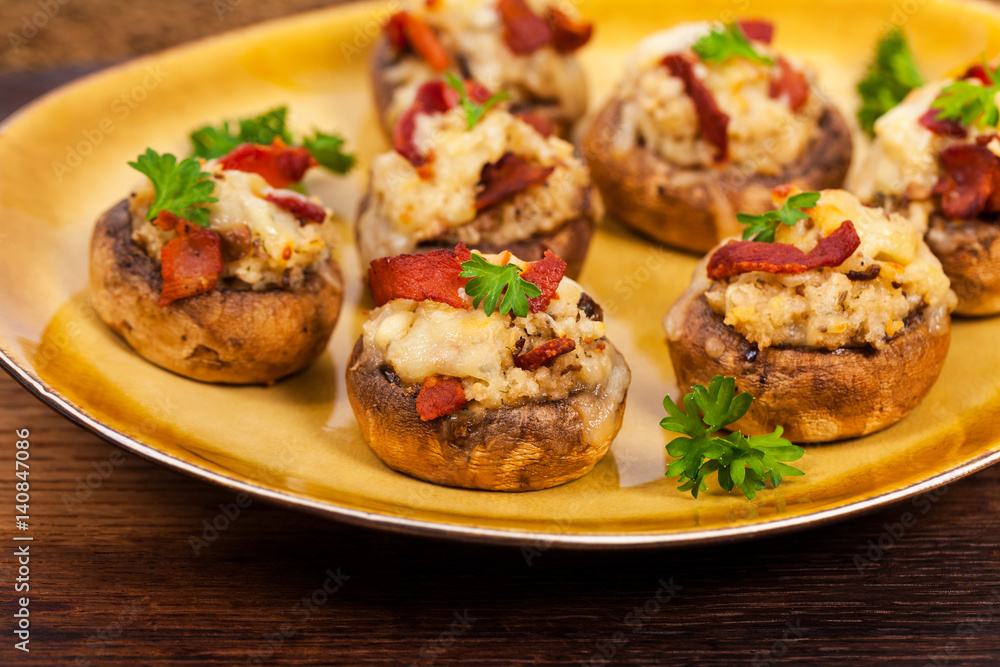 Cheese and Bacon Stuffed Mushroom. Selective focus. Cheese and Bacon Stuffed Mushroom. Selective focus.