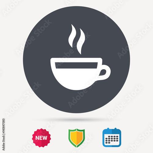 Coffee cup icon. Hot tea drink symbol. Calendar  shield protection and new tag signs. Colored flat web icons. Vector