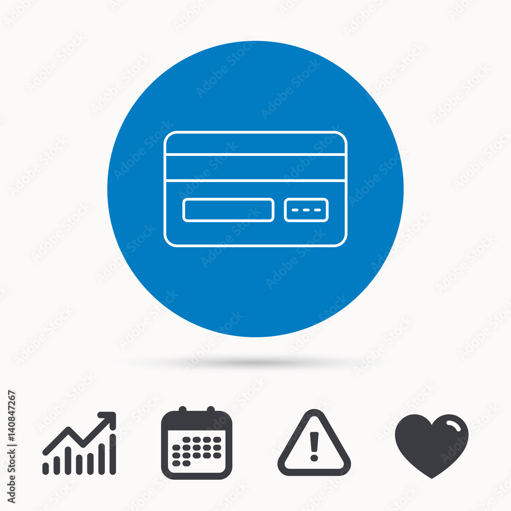 Credit card icon. Shopping sign. Calendar, attention sign and growth chart. Button with web icon. Vector Credit card icon. Shopping sign. Calendar, attention sign and growth chart. Button with web icon. Vector