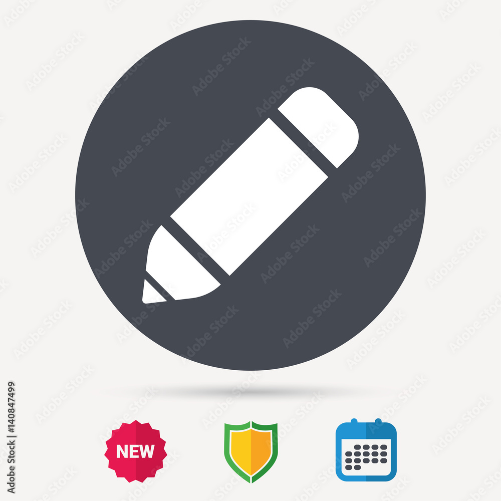 Edit icon. Pencil for drawing symbol. Calendar, shield protection and new tag signs. Colored flat web icons. Vector Edit icon. Pencil for drawing symbol. Calendar, shield protection and new tag signs. Colored flat web icons. Vector