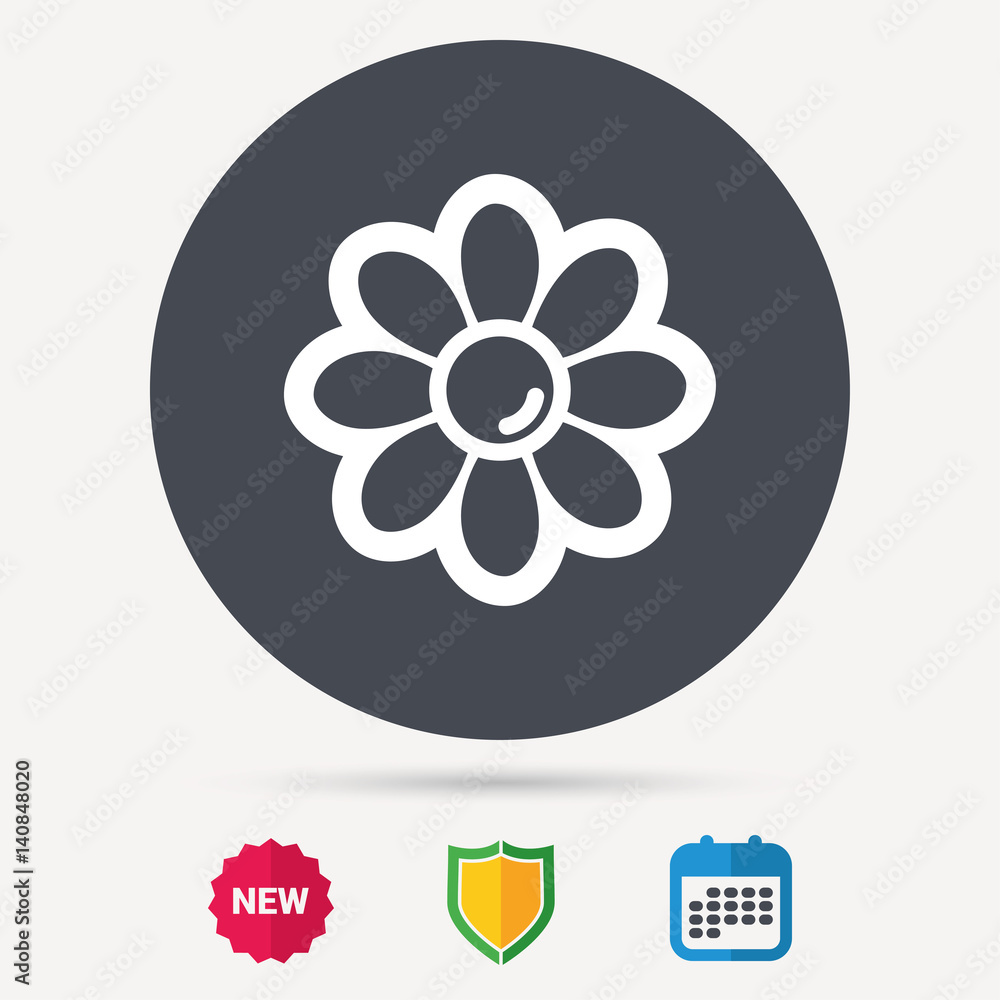 Flower icon. Florist plant with petals symbol. Calendar, shield protection and new tag signs. Colored flat web icons. Vector Flower icon. Florist plant with petals symbol. Calendar, shield protection and new tag signs. Colored flat web icons. Vector