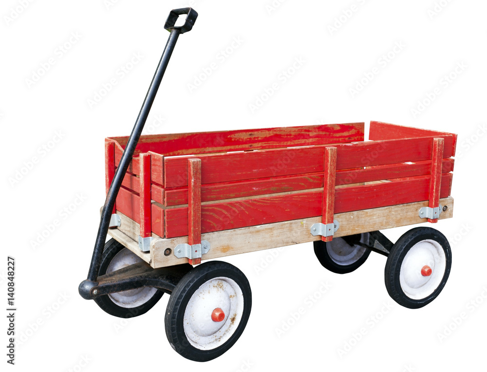 Little red wood wagon. Isolated. - obrazy, fototapety, plakaty 