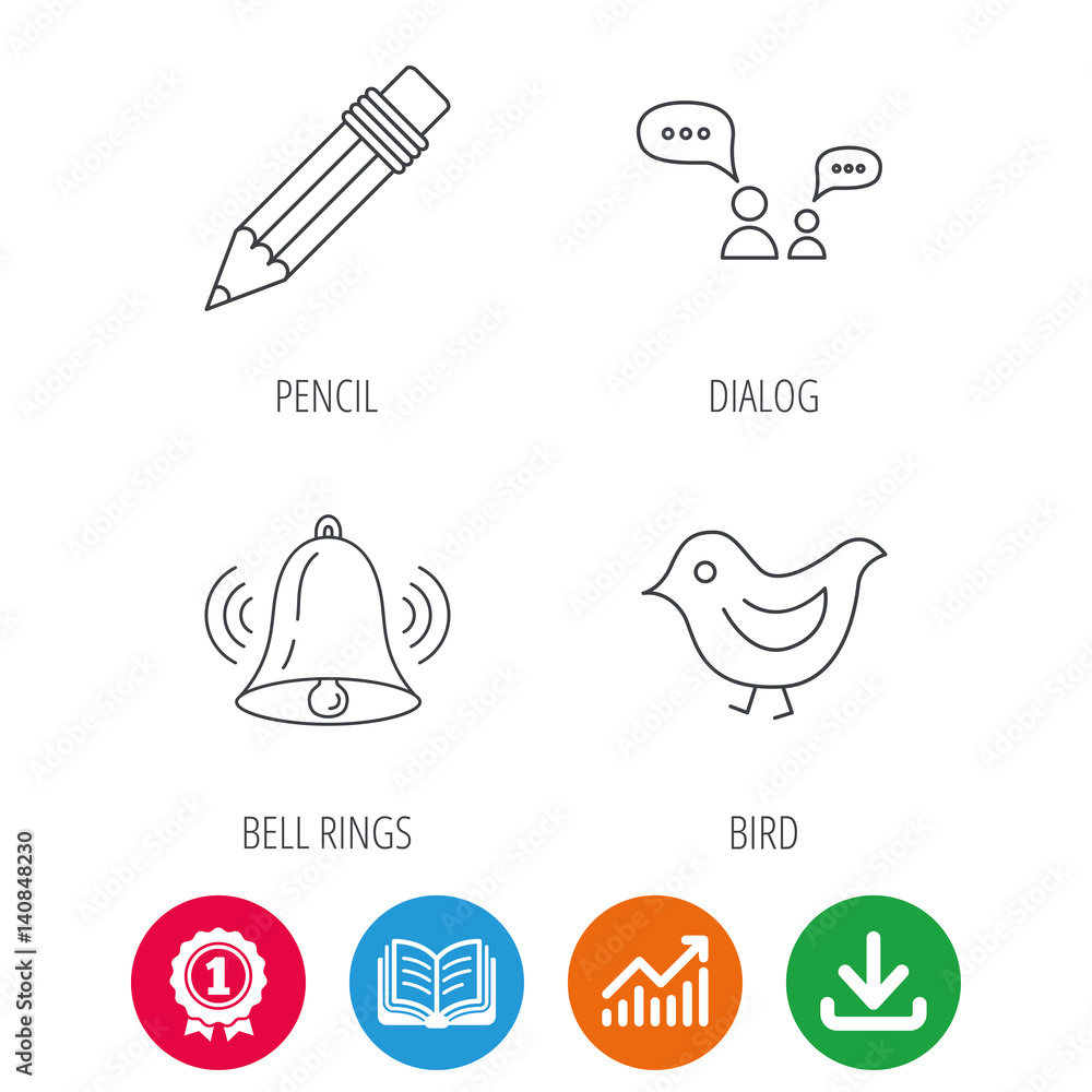 Dialogue, pencil and bird icons. Bell rings linear sign. Award medal, growth chart and opened book web icons. Download arrow. Vector Dialogue, pencil and bird icons. Bell rings linear sign. Award medal, growth chart and opened book web icons. Download arrow. Vector
