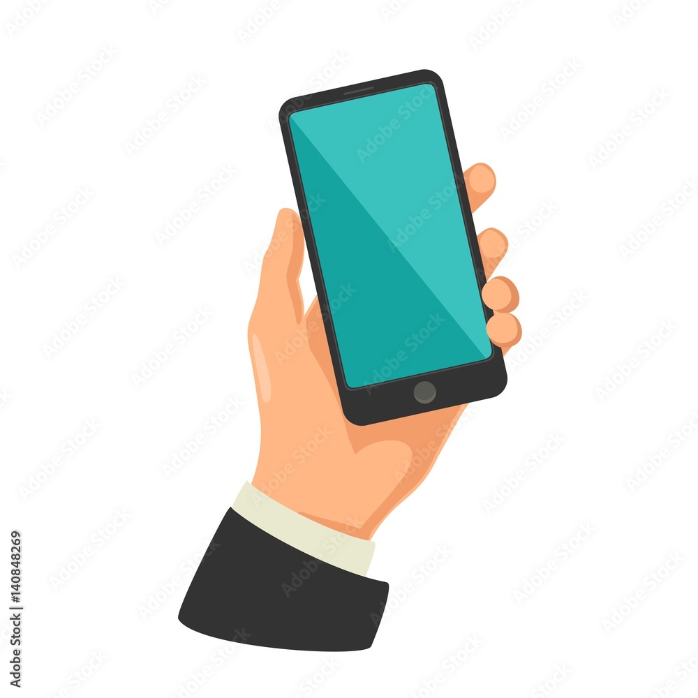 Male hand holding black smart phone. Touching blank screen. Flat design.