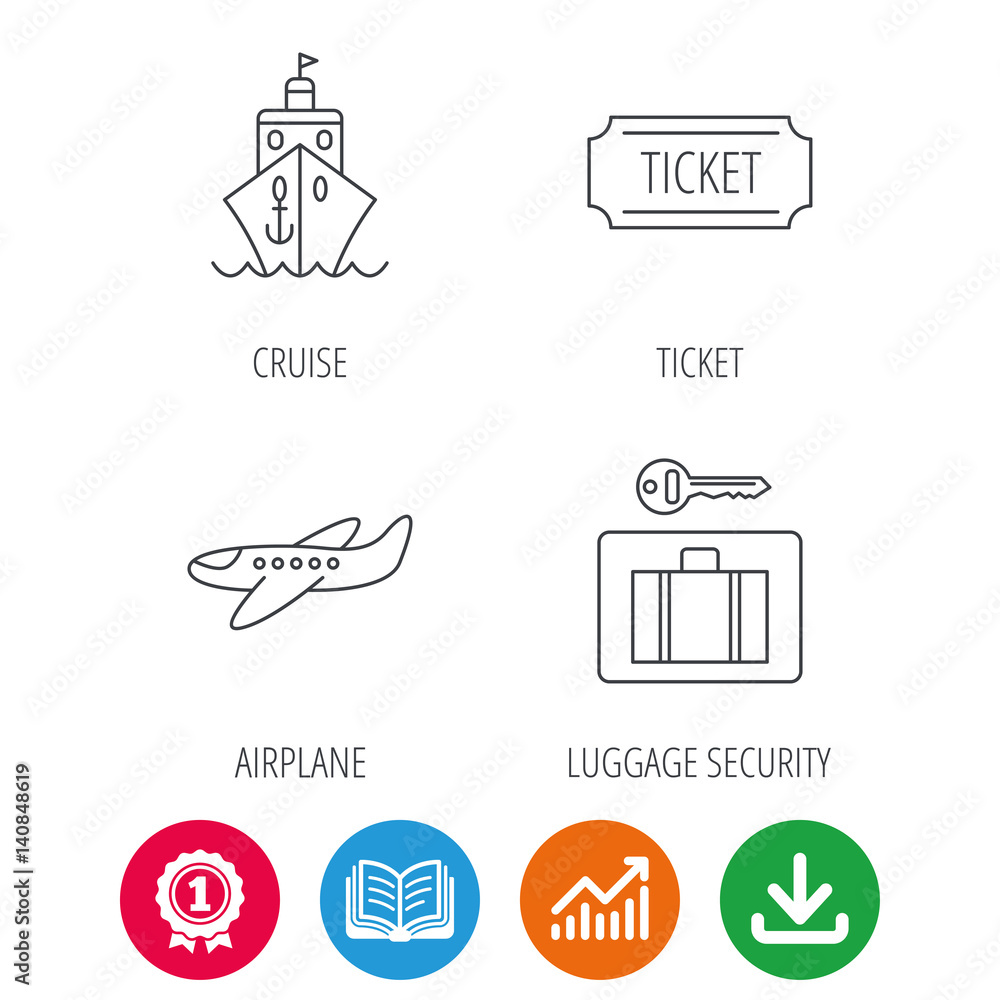 Ticket, cruise ship and airplane icons. Luggage security linear sign. Award medal, growth chart and opened book web icons. Download arrow. Vector Ticket, cruise ship and airplane icons. Luggage security linear sign. Award medal, growth chart and opened book web icons. Download arrow. Vector