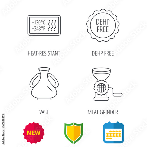 Meat grinder, vase and heat-resistant icons. DEHP free linear sign. Shield protection, calendar and new tag web icons. Vector