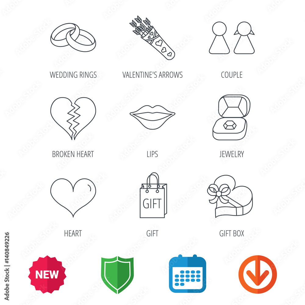 Love heart, kiss and wedding rings icons. Broken heart, couple and gift box linear signs. Valentine amour arrows flat line icons. New tag, shield and calendar web icons. Download arrow. Vector