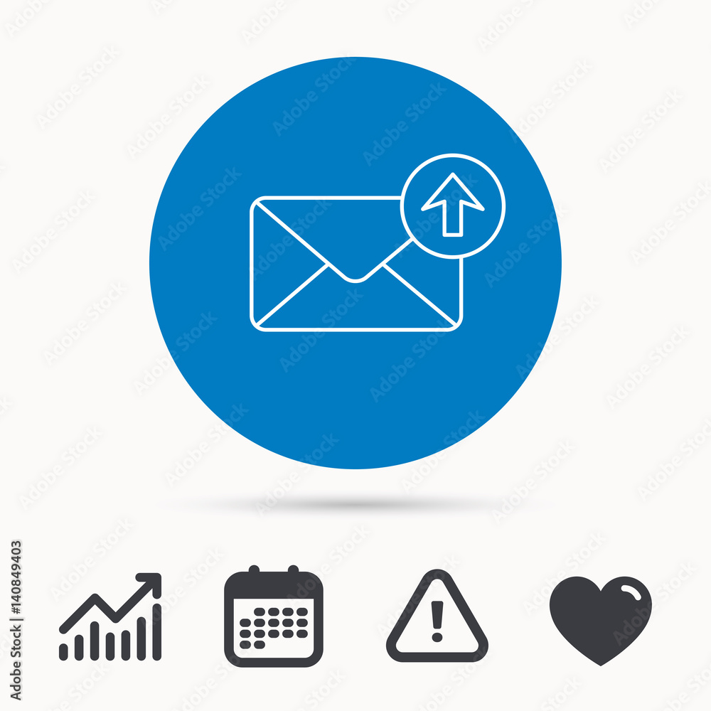 Mail outbox icon. Email message sign. Upload arrow symbol. Calendar, attention sign and growth chart. Button with web icon. Vector Mail outbox icon. Email message sign. Upload arrow symbol. Calendar, attention sign and growth chart. Button with web icon. Vector
