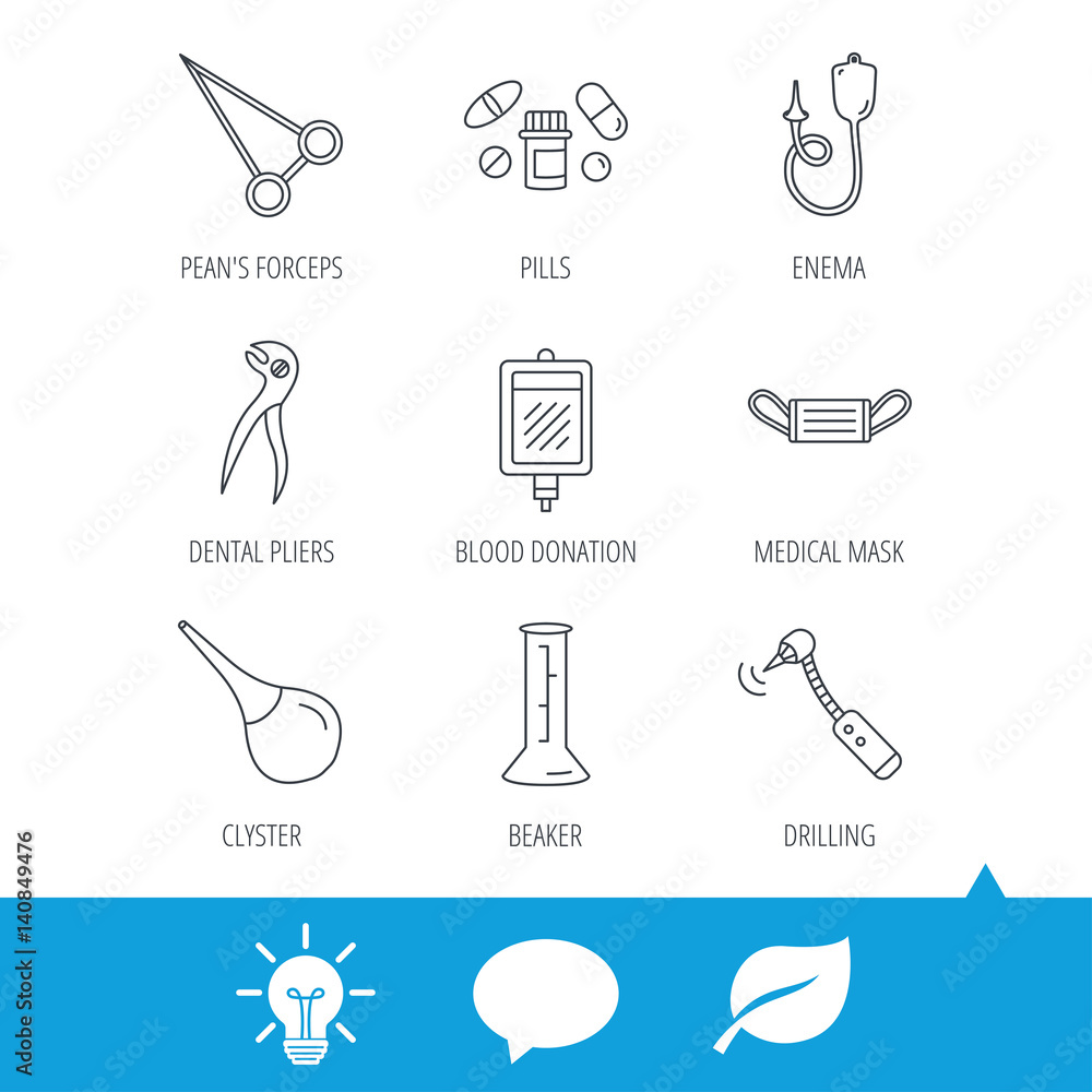 Medical mask, blood and dental pliers icons. Pills, drilling tool and ...
