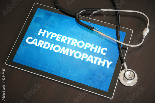 Hypertrophic cardiomyopathy (heart disorder) diagnosis medical concept on tablet screen with stethoscope photo