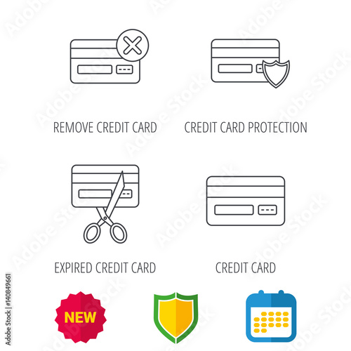 Bank credit card icons. Banking, protection and expired debit card linear signs. Shield protection, calendar and new tag web icons. Vector