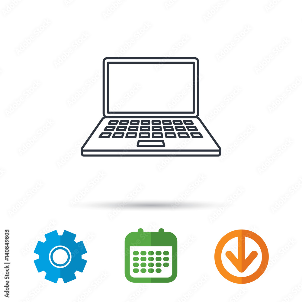 Notebook icon. Mobile laptop sign. Calendar, cogwheel and download arrow signs. Colored flat web icons. Vector Notebook icon. Mobile laptop sign. Calendar, cogwheel and download arrow signs. Colored flat web icons. Vector