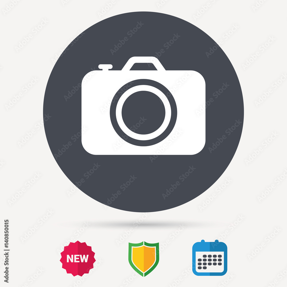 Camera icon. Professional photocamera symbol. Calendar, shield protection and new tag signs. Colored flat web icons. Vector Camera icon. Professional photocamera symbol. Calendar, shield protection and new tag signs. Colored flat web icons. Vector