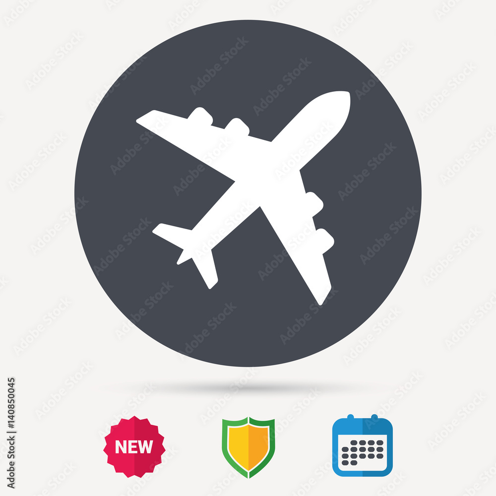 Plane icon. Flight transport symbol. Calendar, shield protection and new tag signs. Colored flat web icons. Vector