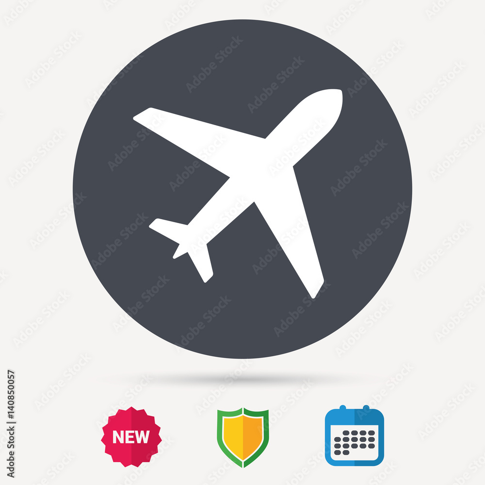 Plane icon. Flight transport symbol. Calendar, shield protection and new tag signs. Colored flat web icons. Vector