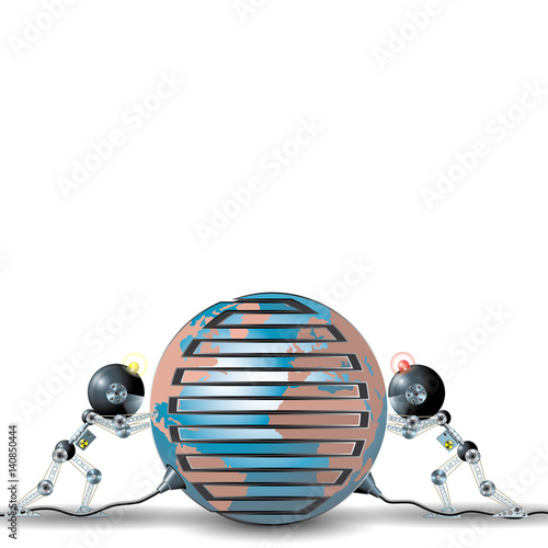 Vector illustration depicting two drones connecting wires on white background