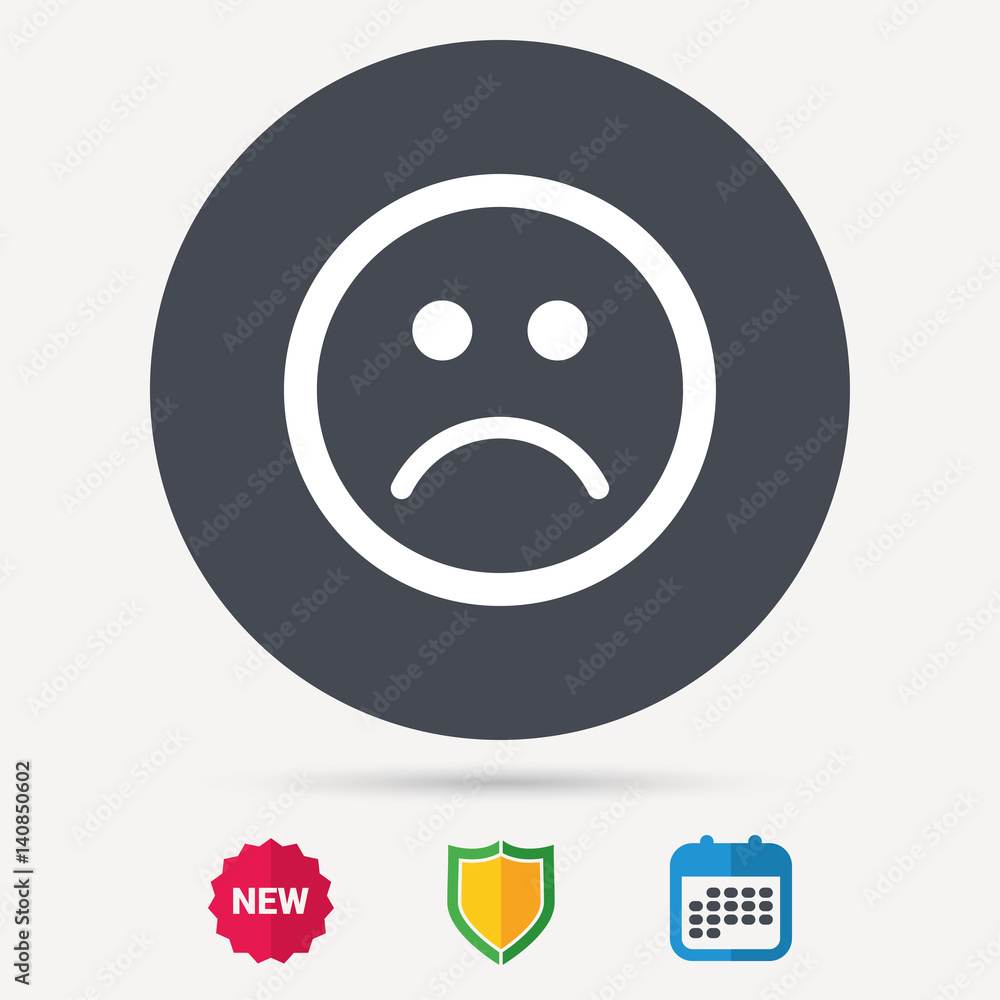 Sad smiley icon. Bad feedback symbol. Calendar, shield protection and new tag signs. Colored flat web icons. Vector Sad smiley icon. Bad feedback symbol. Calendar, shield protection and new tag signs. Colored flat web icons. Vector