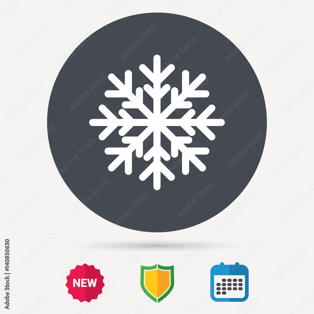 Snowflake icon. Air conditioning symbol. Calendar, shield protection and new tag signs. Colored flat web icons. Vector Snowflake icon. Air conditioning symbol. Calendar, shield protection and new tag signs. Colored flat web icons. Vector