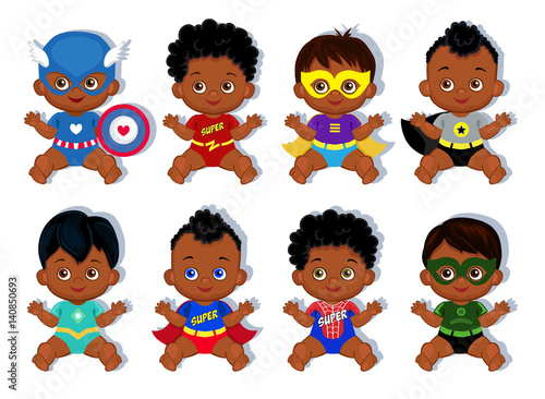 Illustration  group of cute babies boys in costumes of superheroes.