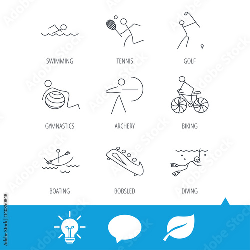 Swimming, tennis and golf icons. Biking, diving and gymnastics linear signs. Archery, boating and bobsleigh icons. Light bulb, speech bubble and leaf web icons. Vector