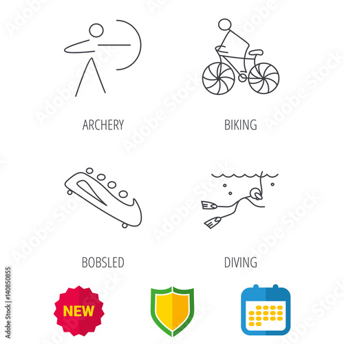 Diving, biking and archery icons. Bobsled linear sign. Shield protection, calendar and new tag web icons. Vector