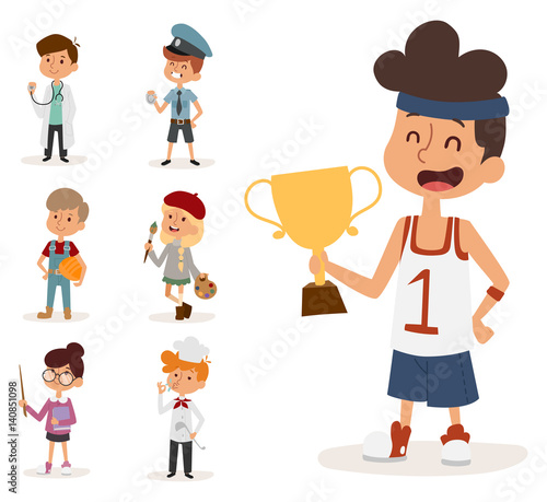 cartoon profession kids children vector set illustration person childhood painter sportsman chef builder policeman doctor artist driver businessman