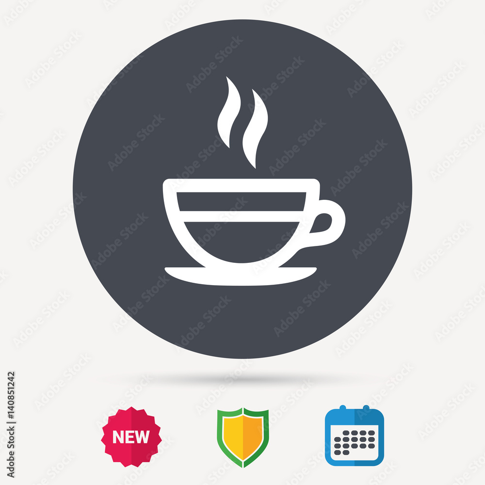 Tea cup icon. Hot coffee drink symbol. Calendar, shield protection and new tag signs. Colored flat web icons. Vector Tea cup icon. Hot coffee drink symbol. Calendar, shield protection and new tag signs. Colored flat web icons. Vector