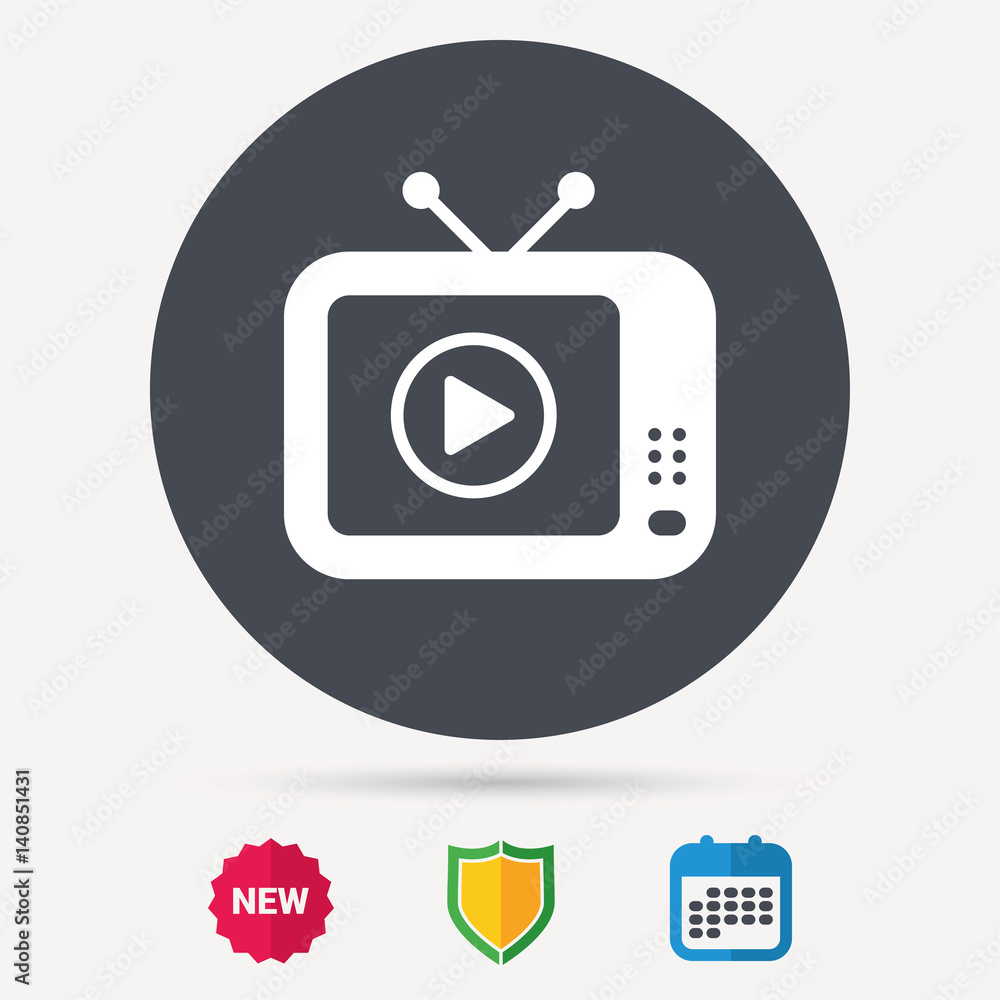 TV icon. Retro television symbol. Calendar, shield protection and new tag signs. Colored flat web icons. Vector TV icon. Retro television symbol. Calendar, shield protection and new tag signs. Colored flat web icons. Vector