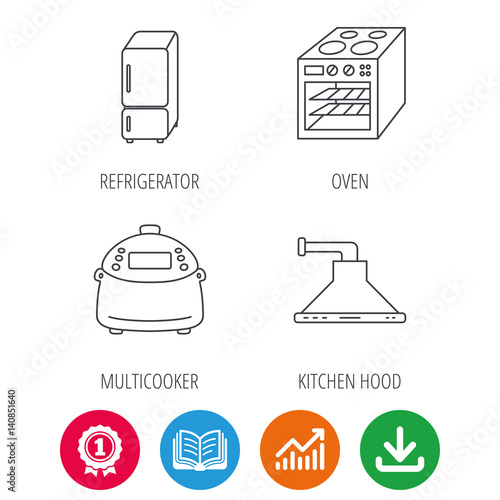 Refrigerator, multicooker and oven icons. Kitchen hood linear sign. Award medal, growth chart and opened book web icons. Download arrow. Vector