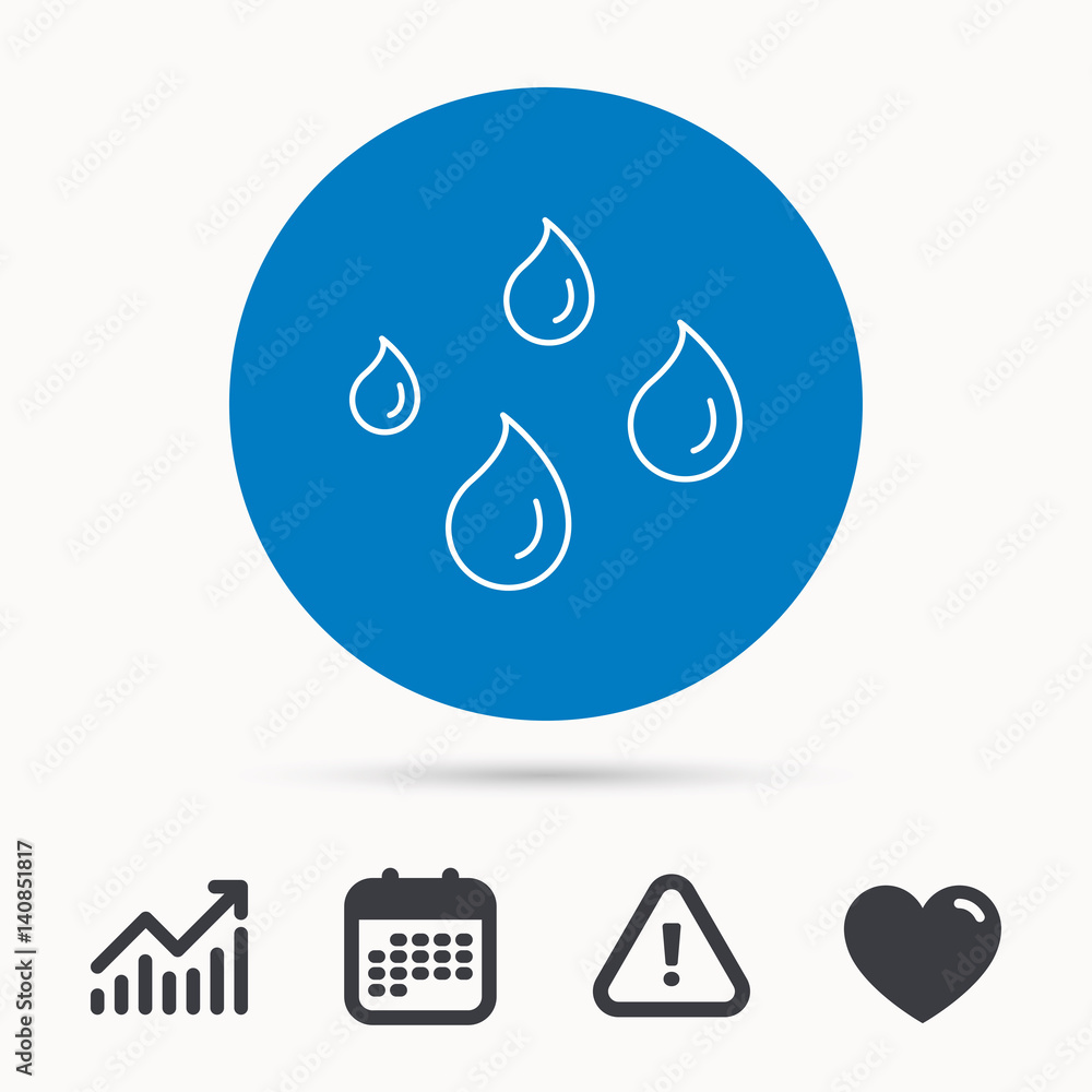 Water drops icon. Rain or washing sign. Rainy day symbol. Calendar, attention sign and growth chart. Button with web icon. Vector Water drops icon. Rain or washing sign. Rainy day symbol. Calendar, attention sign and growth chart. Button with web icon. Vector